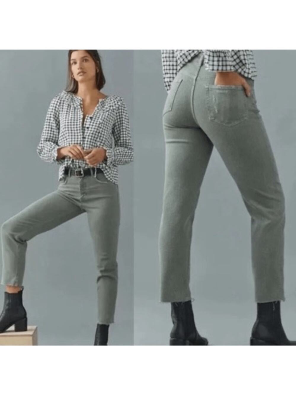 Anthropologie Pilcro Women's The Vintage Straight Jean Green Size 28 Raw Hem